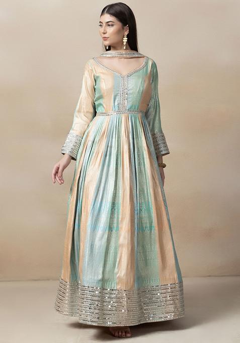 Blue Zari Embroidered Brocade Anarkali Gown And Chiffon Dupatta