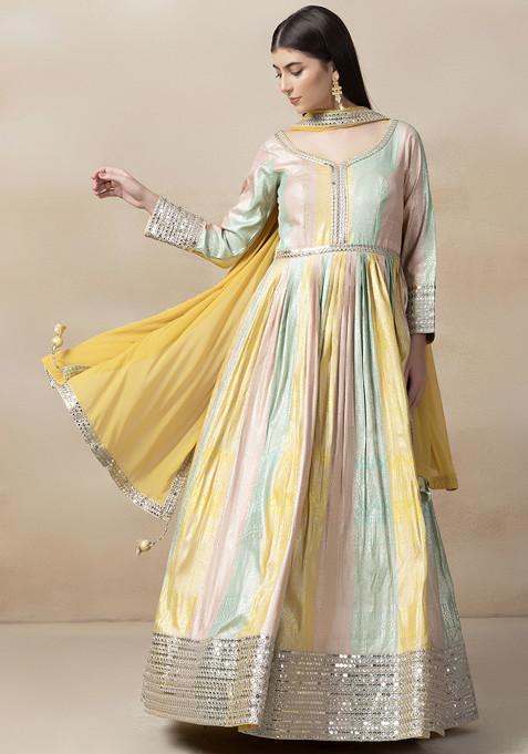 Yellow Zari Embroidered Brocade Anarkali Gown And Chiffon Dupatta