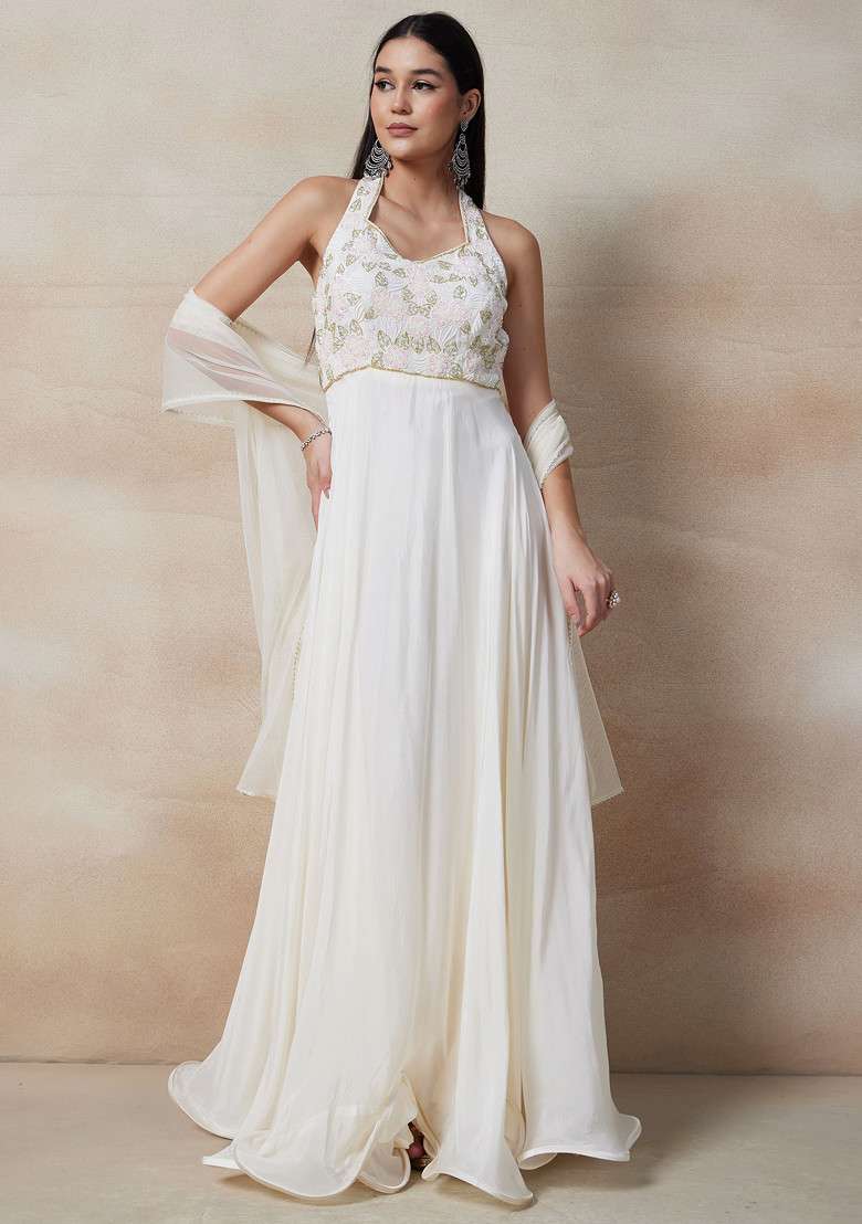White Embellished Gown Set With Dupatta - Indya