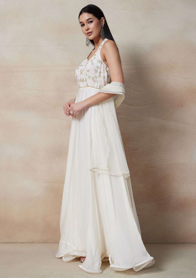 White Embellished Gown Set With Dupatta - Indya