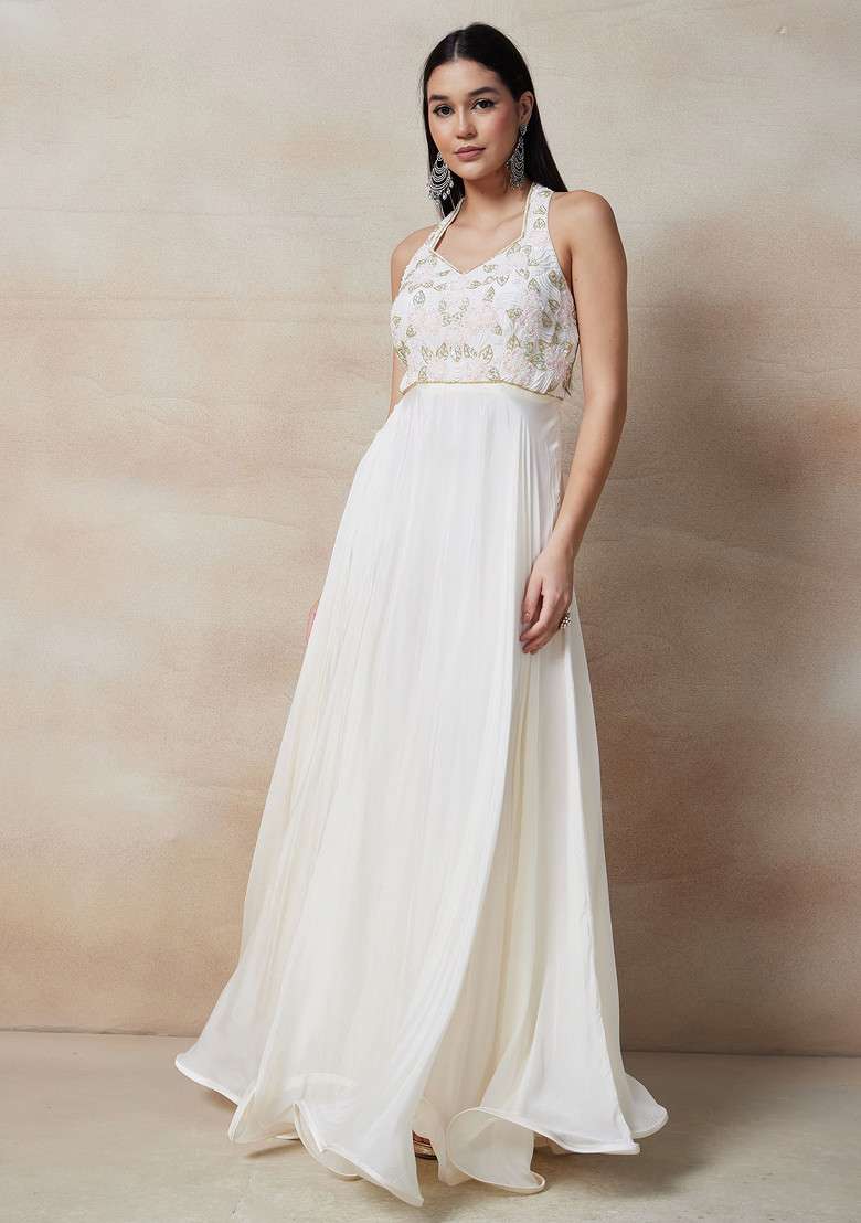 White Embellished Gown Set With Dupatta - Indya