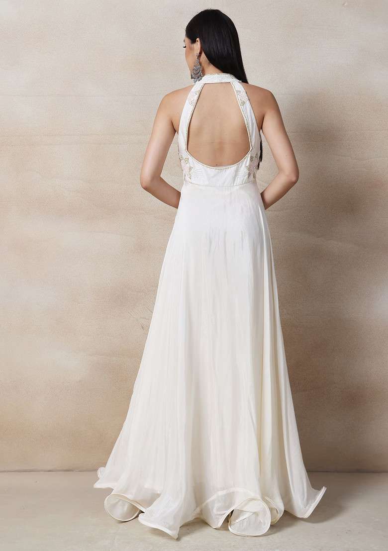 White Embellished Gown Set With Dupatta - Indya