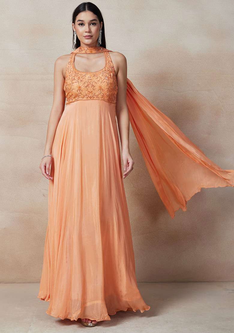 Peach Sequin Cutdana Embellished Anarkali Gown Set With Dupatta - Indya