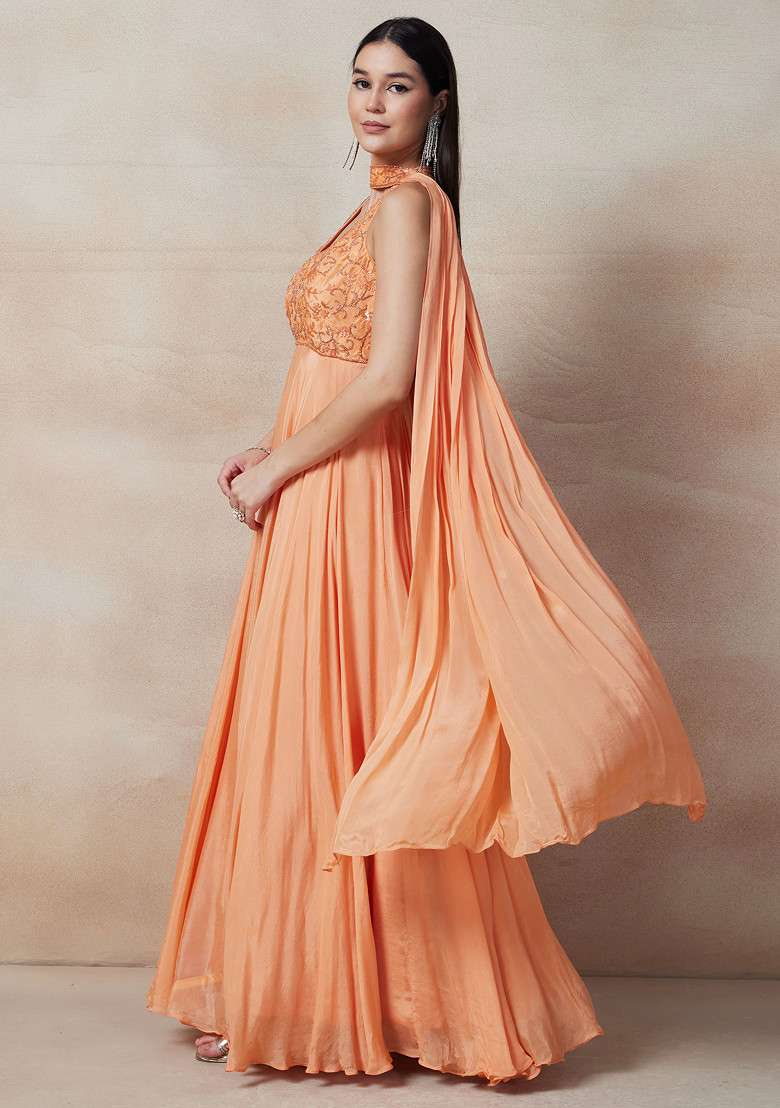 Peach Sequin Cutdana Embellished Anarkali Gown Set With Dupatta - Indya
