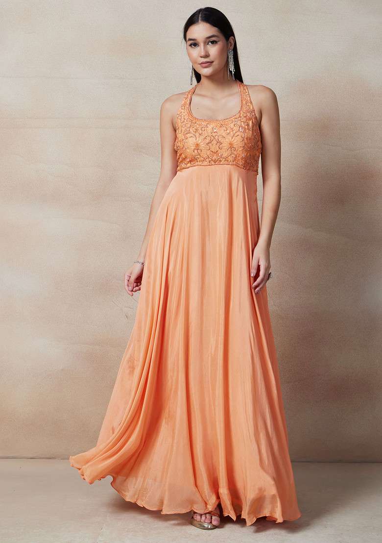 Peach Sequin Cutdana Embellished Anarkali Gown Set With Dupatta - Indya