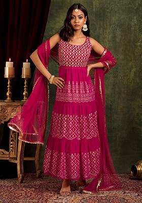 Hot Pink Foil And Zari Embroidered Anarkali Suit Set With Dupatta