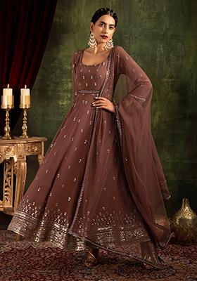 Rose Mirror Work Anarkali Suit Set With Churidar And Dupatta