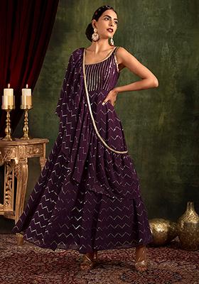 Sangria Foil Print and Sequinned Anarkali Gown With Draped Dupatta