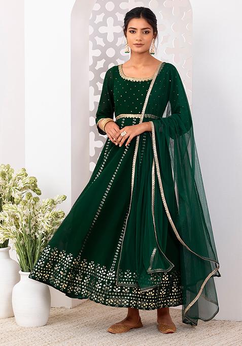 Emerald Foil And Gota Embroidered Anarkali Suit Set With Churidar And Dupatta