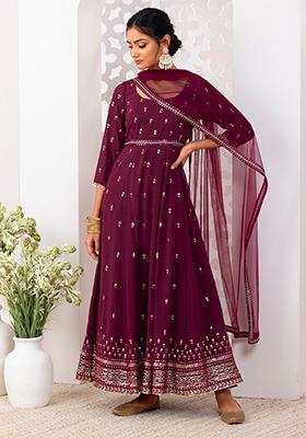 Wine Mirror And Sequin Embroidered Anarkali Suit Set With Churidar And Dupatta