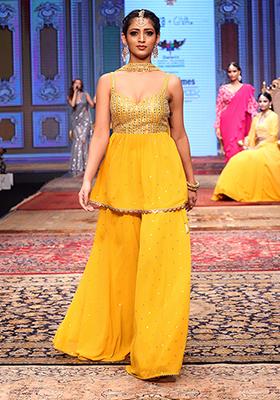 Mustard Mirror And Sequin Embroidered Sharara Set With Strappy Kurta And Dupatta