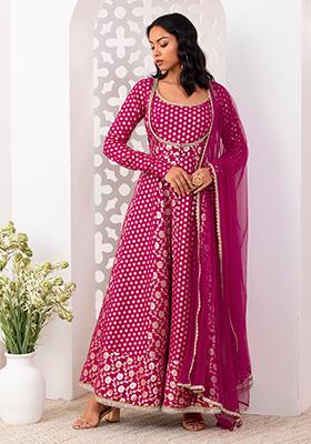 Hot Pink Chanderi Brocade Anarkali Suit Set With Churidar And Dupatta