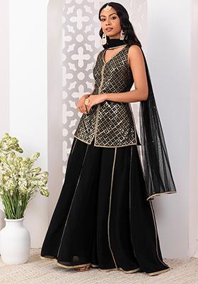 Black Sequin Embroidered Sharara Set With Short Kurta And Dupatta