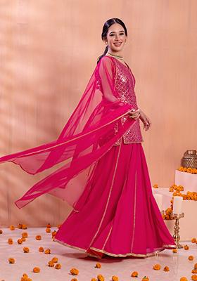 Hot Pink Sequin Embroidered Sharara Set With Short Kurta And Dupatta
