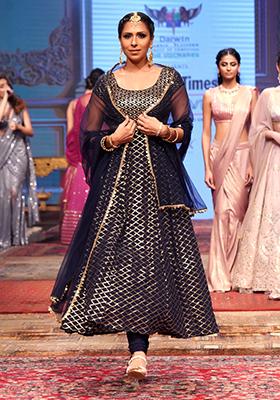 Navy Sequin Embroidered Anarkali Suit Set With Churidar And Dupatta