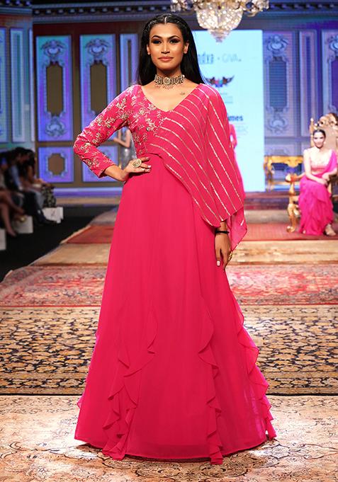 Hot Pink Sequin And Zari Embroidered Draped Anarkali Gown