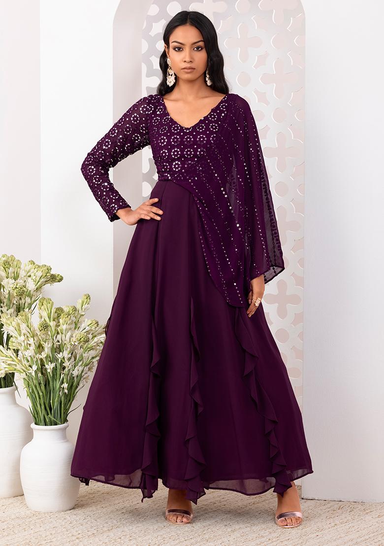Buy Violet Purple Anarkali Suit Set In Georgette With Thread Work All Over