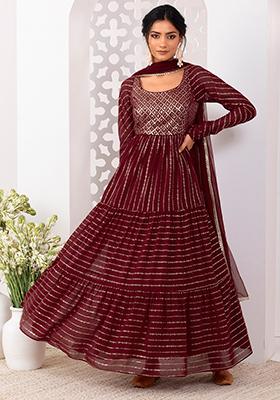 Maroon Mukaish And Sequinned Anarkali Suit Set With Churidar And Dupatta