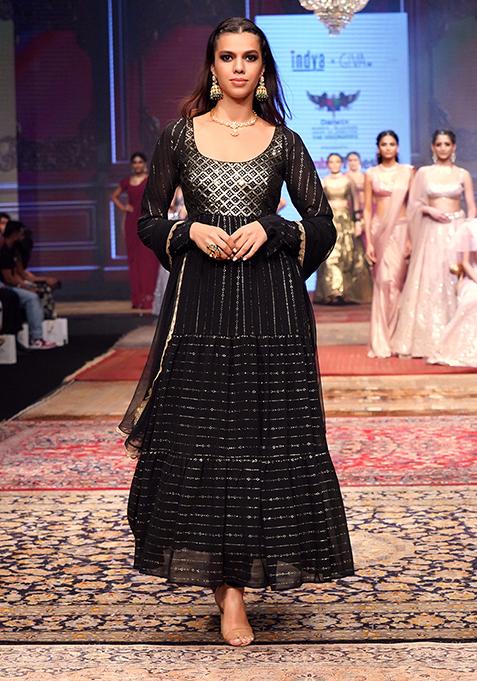 Black Mukaish And Sequinned Anarkali Suit Set With Churidar And Dupatta