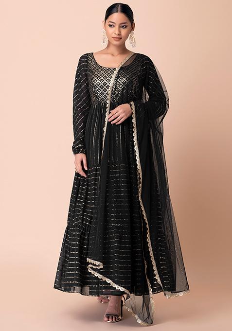 Buy Women Black Mukaish And Sequinned Anarkali Suit Set With Churidar ...