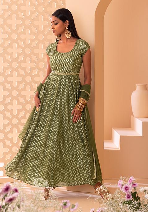 Fern Green Sequin And Zari Embroidered Anarkali Suit Set With Churidar And Mesh Dupatta