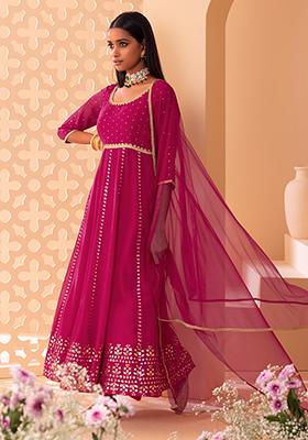 Dark Pink Gota And Foil Work Anarkali Suit Set With Churidar And Mesh Dupatta
