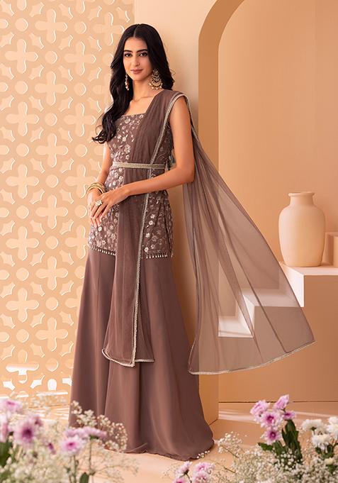 Dusty Pink Sharara Set With Foil And Sequin Embroidered Short Kurta And Dupatta