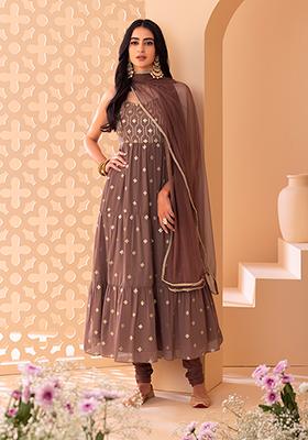 Dull Pink Sequin And Zari Embroidered Tiered Anarkali Suit Set With Churidar And Dupatta