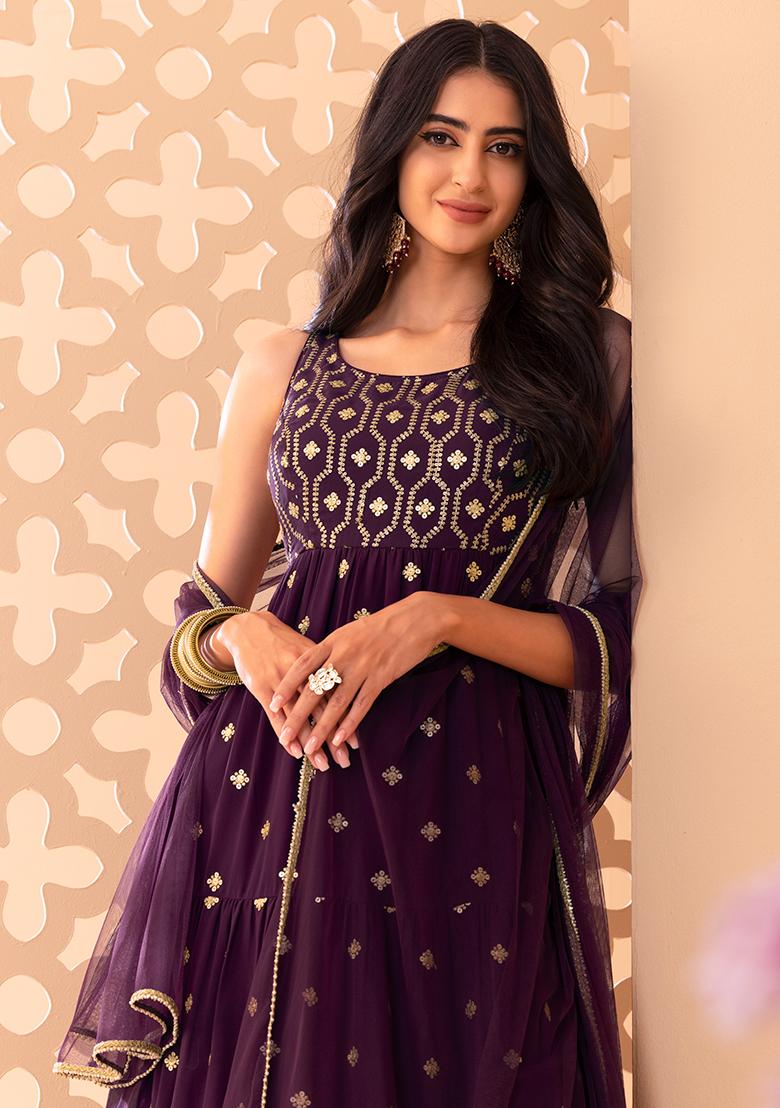 Buy Purple Anarkali Dupion Silk Embroidered Pearl And Resham Work Band Set  For Women by Sunita Nagi Online at Aza Fashions.