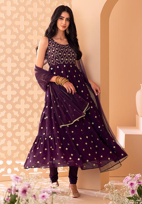 Sangria Purple Sequin And Zari Embroidered Tiered Anarkali Suit Set With Churidar And Dupatta