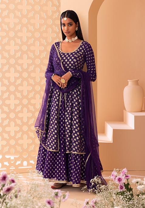 Purple Foil Print Layered Anarkali Suit Set With Churidar And Mesh Dupatta