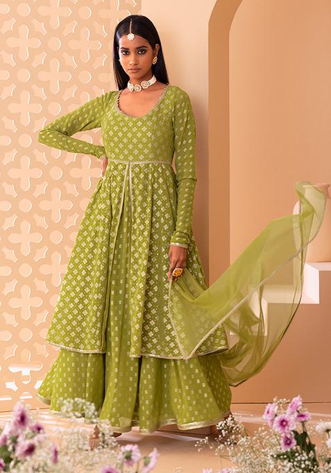 Light Green Foil Print Layered Anarkali Suit Set With Churidar And Mesh Dupatta