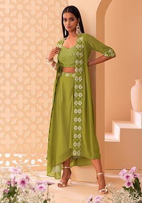 Green Zari Embroidered Jacket Set With Sequin Embroidered Blouse And Draped Skirt