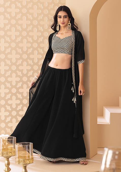 Black Zari Embroidered Jacket Set With Sequin Embroidered Blouse And Palazzo Pants