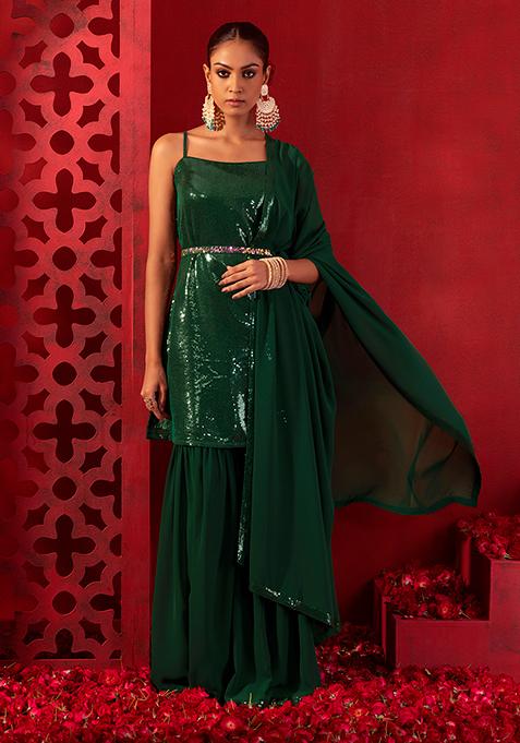 Dark Green Strappy Sequin Kurta Set With Flared Palazzo And Dupatta