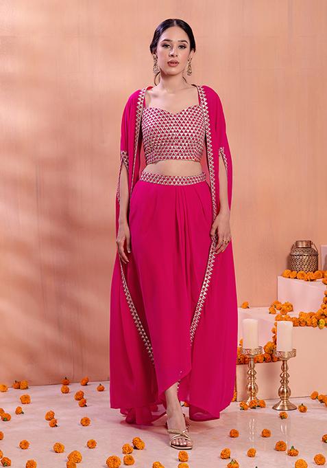 Pink Zari Embroidered Jacket Set With Blouse And Draped Skirt