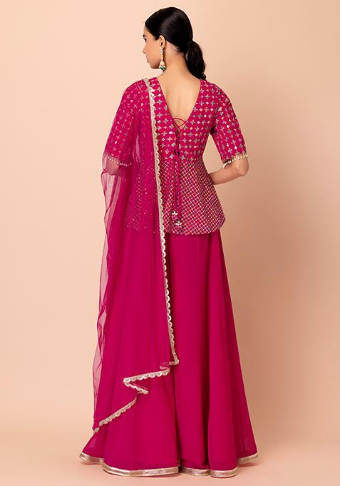 Babyhug Woven Three Fourth Puffed Sleeves Floral Embroidered Kurti Palazzo Set with Dupatta - Pink main image 1