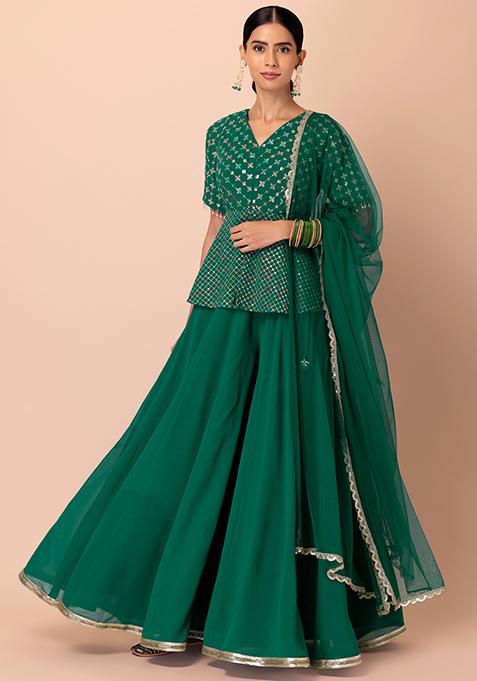Mehndi Green Chinon Embroidered A-line Front Slit Kurta Palazzo & Organza Dupatta Set