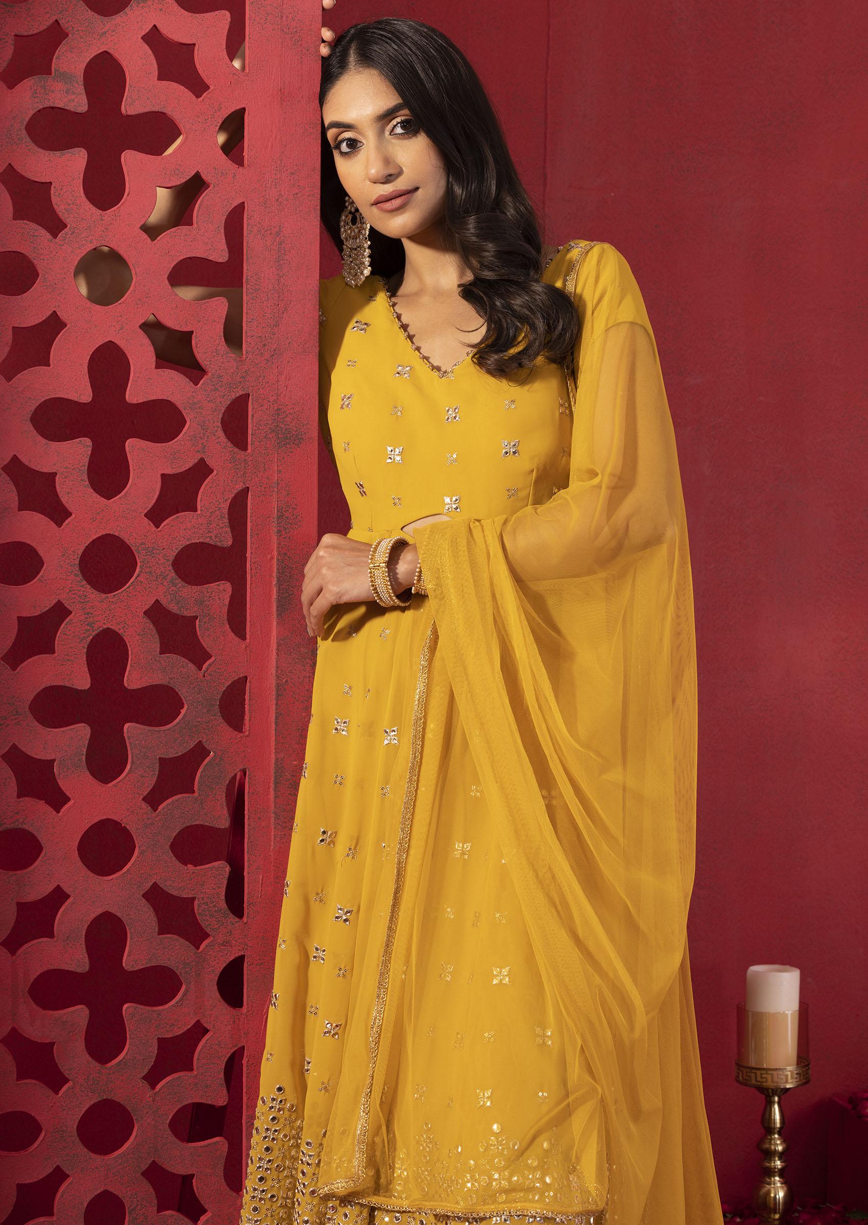 Mustard yellow anarkali suit with contrast dupatta - G3-WSS39178