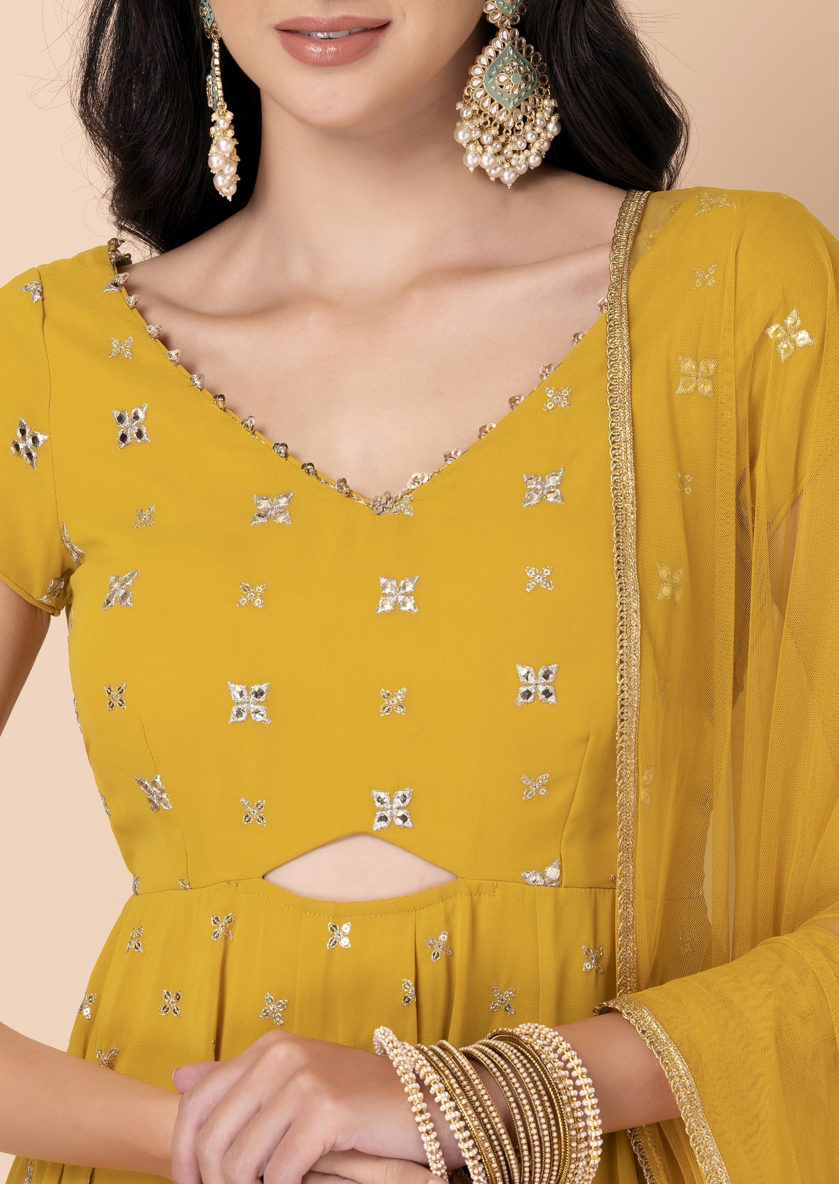 Yellow Embroidered Anarkali Set – Label Madhuri Thakkar