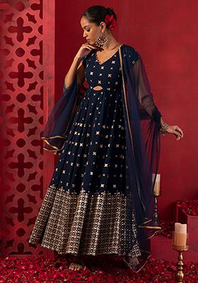Teal Blue Mirror Sequin And Zari Embroidered Anarkali Suit With Mesh Dupatta