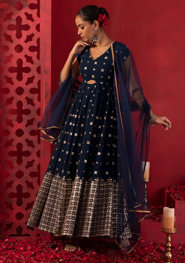 Buy Women Blue Sequin Embroidered Anarkali Suit Set With Dupatta - Feed  Luxe Anarkali - Indya