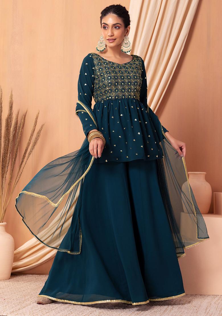 Teal Bandhani Dot Kurta Suit Set with Pearl Zardozi Neck & Ombre Leheriya Dupatta main image 1