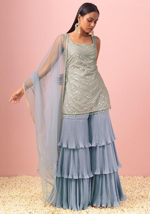 Light Blue Tiered Sharara Set With Zari Embroidered Kurta And Dupatta