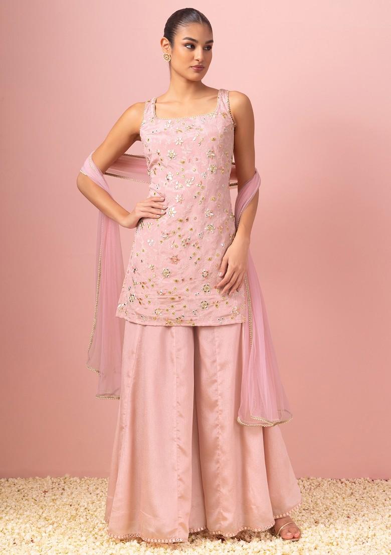 Magenta Pink Woven Kurta with Teirred Sharara and Net Dupatta