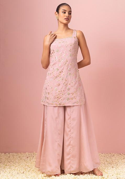 Buy Women Pastel Pink Sharara And Embroidered Kurta Set With Dupatta