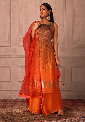 Red and Orange Flared Kurta Sharaa Set With Embroidered Work