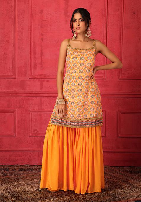 Buy Women Mustard Yellow Sharara Set With Short Embroidered Kurta And ...