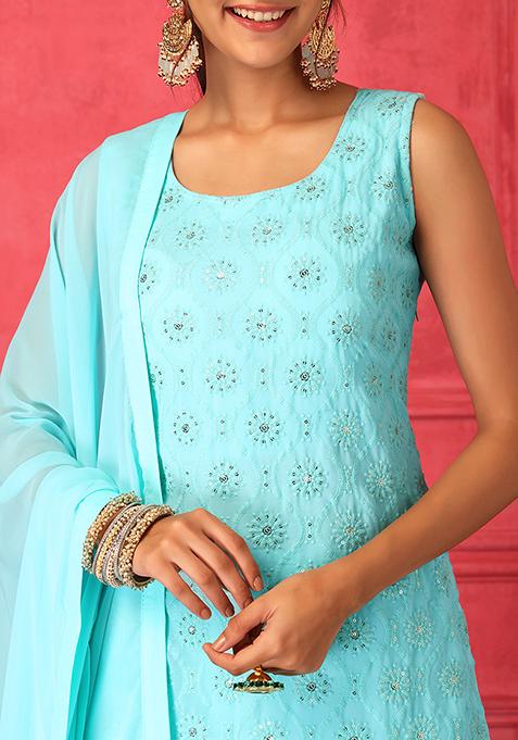 Women Liva Aqua Blue Abstract Print Kurta Sharara Dupatta