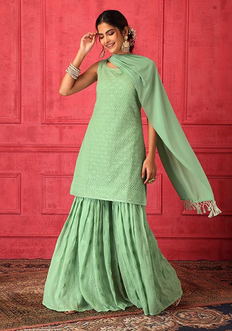 Mint Green Sharara Set With Straight Embroidered Kurta And Dupatta  